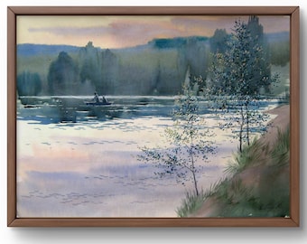 湖畔、湖の絵画、水景、水彩画、田園風景、田舎、水彩風景、オリジナル