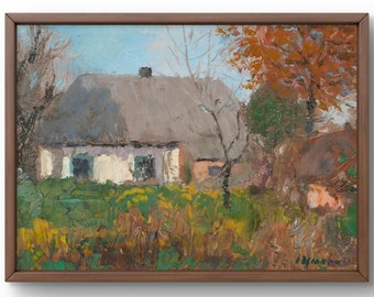 Oil painting landscape original, oil painting on cardboard, charming country house surrounded by autumn, handmade art, framed, wall art