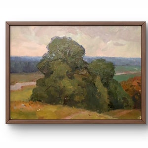 Pintura a óleo paisagem original, pintura a óleo sobre papelão, paisagem calma com árvores contra um céu nublado, arte feita à mão, sem moldura, arte de parede