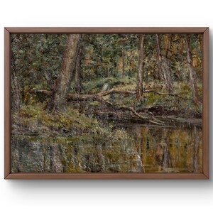 Pintura al óleo paisaje original, pintura al óleo sobre cartón, bosque denso con árboles altos y lago tranquilo, arte hecho a mano, enmarcado, arte de pared