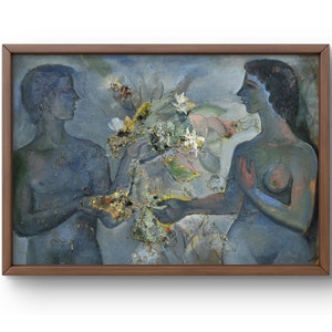 Pintura al óleo abstracta original, pintura al óleo sobre cartón, dos figuras entrelazadas con elementos florales, arte hecho a mano, enmarcado, arte de pared