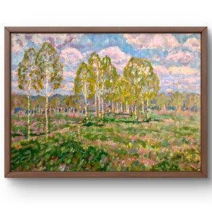 Pintura a óleo paisagem original, pintura a óleo sobre papelão, bosque de bétulas calmo sob um céu brilhante e nuvens, arte feita à mão, sem moldura, arte de parede
