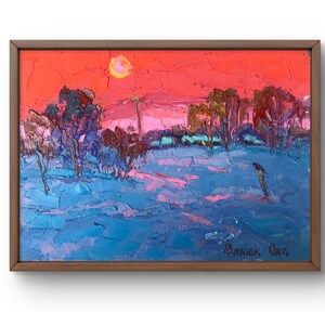Pintura al óleo original de paisaje, pintura al óleo sobre cartón, brillante puesta de sol de invierno con tonos intensos, arte hecho a mano, sin marco, arte de pared
