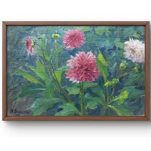 Pintura a óleo paisagem original, pintura a óleo sobre papelão, flores rosa brilhante entre folhagens verdejantes, arte feita à mão, sem moldura, arte de parede