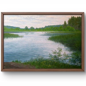 Oil painting landscape original, oil painting on canvas, calm landscape by the lake with reflection of sky in water, handmade art, unframed
