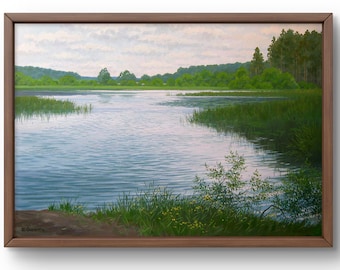 Oil painting landscape original, oil painting on canvas, calm landscape by the lake with reflection of sky in water, handmade art, unframed