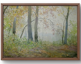 赤い木の水彩画、風景、オリジナル水彩画、秋の風景、自然アート