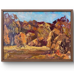 Pintura a óleo paisagem original, pintura a óleo sobre papelão, cena de outono com tons terrosos brilhantes de laranja, arte feita à mão, sem moldura