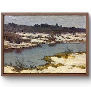 Pintura a óleo paisagem original, pintura a óleo sobre papelão, rio calmo fluindo através de paisagem nevada, arte feita à mão, sem moldura, arte de parede