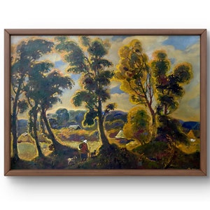 Pintura al óleo paisaje original, pintura al óleo sobre cartón, escena rural tranquila al atardecer con mujer y perros, arte hecho a mano, sin marco, arte de pared