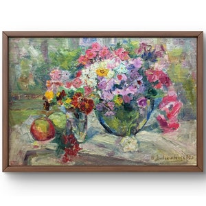 Pintura al óleo naturaleza muerta original, pintura al óleo sobre cartón, naturaleza muerta en jarrón de cristal, manzanas y bayas, arte hecho a mano, sin marco