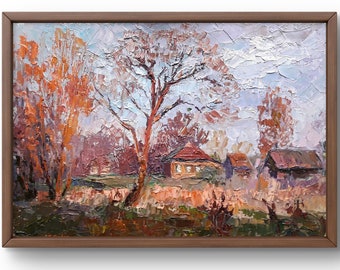 Oil painting landscape original, oil painting on cardboard, rural landscape with trees in warm autumn colors, handmade art, unframed