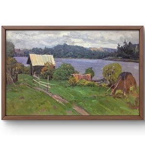Pintura a óleo paisagem original, pintura a óleo sobre papelão, cena de aldeia à beira do rio com uma casa e gramados verdes, arte feita à mão, sem moldura