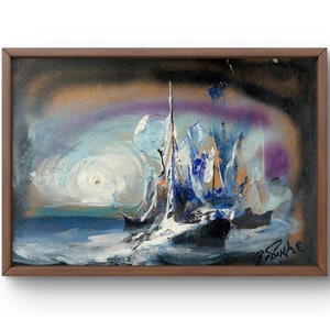 Pintura a óleo paisagem original, pintura a óleo sobre papelão, paisagem marinha dinâmica com ondas abstratas e navio, arte feita à mão, emoldurada, arte de parede