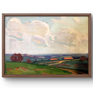 Pintura aquarela paisagem original, pintura aquarela sobre papelão, vasta paisagem sob o céu do pôr do sol, arte feita à mão, sem moldura