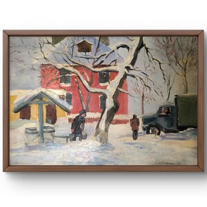 Pintura a óleo paisagem original, pintura a óleo sobre papelão, cena de vila nevada com casa vermelha e carro, arte feita à mão, sem moldura, arte de parede