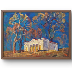 Pintura al óleo original de paisaje, pintura al óleo sobre cartón, edificio resplandeciente rodeado de árboles otoñales, arte hecho a mano, sin marco, arte de pared