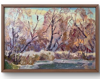 Oil painting landscape original, oil painting on canvas, serene view of autumn trees with bare branches, handmade art, unframed, wall art