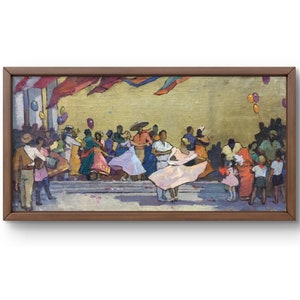 Retrato de pintura a óleo original, pintura a óleo sobre papelão, festival de rua com pessoas dançando em roupas brilhantes, arte feita à mão, sem moldura