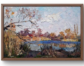 秋の油絵 湖の絵 現代アート 印象派 風景画 木の絵 - Etsy 日本