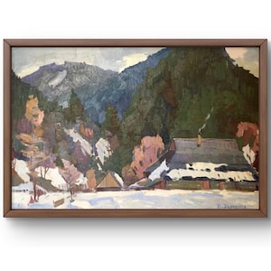 Pintura a óleo paisagem original, pintura a óleo sobre papelão, serena aldeia de montanha no inverno entre a floresta, arte feita à mão, emoldurada