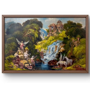 Pintura a óleo mitologia original, pintura a óleo sobre papelão, figuras divinas, paisagens exuberantes e uma cachoeira, arte feita à mão, sem moldura