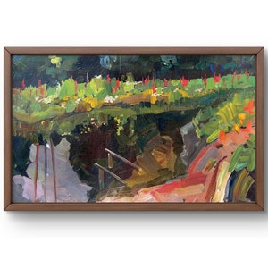 Pintura a óleo paisagem original, pintura a óleo sobre papelão, cena natural com traços brilhantes de verde, amarelo, arte feita à mão, emoldurada