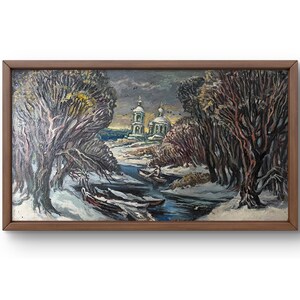 Pintura a óleo paisagem original, pintura a óleo sobre papelão, árvores ao longo de uma margem de rio nevado com uma igreja, arte feita à mão, sem moldura, arte de parede