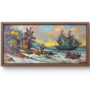Pintura a óleo paisagem original, pintura a óleo sobre papelão, cena costeira dramática com moinho de vento, arte feita à mão, sem moldura, arte de parede