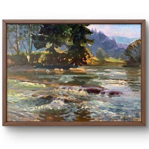 Oil painting landscape original, oil painting, scene of a bright river surrounded by trees and mountains, handmade art, unframed, wall art