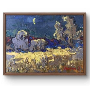 Oil painting landscape original, oil painting on canvas, serene night scene under the crescent moon, handmade art, unframed, wall art