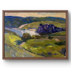 Pintura a óleo paisagem original, pintura a óleo sobre papelão, vale tranquilo do rio cercado por colinas verdejantes, arte feita à mão, sem moldura, arte de parede