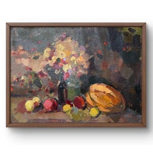 Oil painting still life original, oil painting on canvas, warm, cozy composition with a bottle, autumn fruits, handmade art, unframed