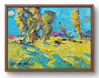 Original Unframed Landscape Oil Painting - Bright Blues, Yellows & Greens