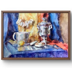 May include: Watercolour painting of a still life featuring a silver samovar, a white teacup, a lemon, and biscuits on a blue tablecloth. The background includes blue, yellow, and red fabric.