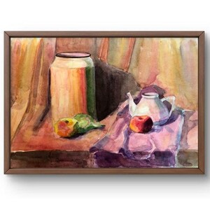 Dipinto ad acquerello natura morta originale, dipinto ad acquerello, scena serena con fiori morbidi e misti con teiera e frutta, arte, senza cornice
