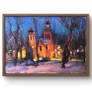 Pintura al óleo paisaje original, pintura al óleo sobre cartón, escena nocturna con edificios cálidos y brillantes, paisaje, arte hecho a mano, sin marco