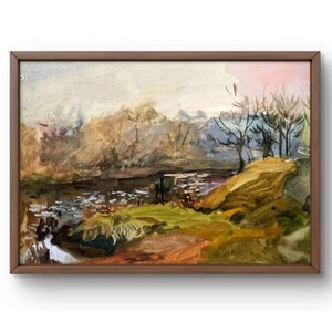 Gouache schilderij landschap origineel, gouache schilderij op papier, kleurrijk herfstlandschap met rivier, handgemaakte kunst, ingelijst, kunst aan de muur