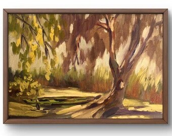 Oil painting landscape original, oil painting, tree with lush foliage and dappled autumn light landscape, handmade art, unframed, landscape