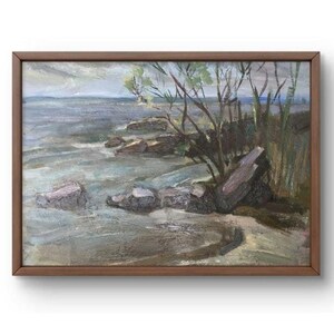 Ölgemälde Landschaft original Ölgemälde auf Karton ruhig Seeufer mit Felsformationen Landschaft Kunst ungerahmt Landschaft