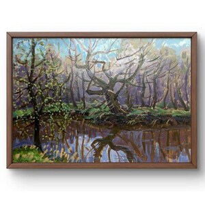 Oil painting landscape original, oil painting, forest scene with a twisted tree reflected in calm waters, handmade art, unframed, wall art