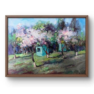Pintura al óleo paisaje pintura al óleo original huerto floreciente con suaves flores rosas y blancas paisaje arte hecho a mano paisaje sin marco
