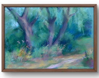 Dipinto originale a pastello, dipinto a pastello su carta, scena naturale pacifica con vegetazione lussureggiante, arte fatta a mano, senza cornice, arte murale