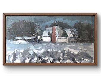 May include: A framed painting depicting a snowy landscape with a white house and a red chimney. The house is surrounded by trees and the snow is falling softly.