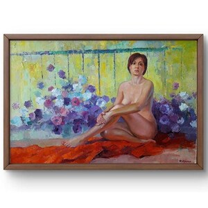 Original Oil Painting: Seated Woman Portrait with Floral Accents