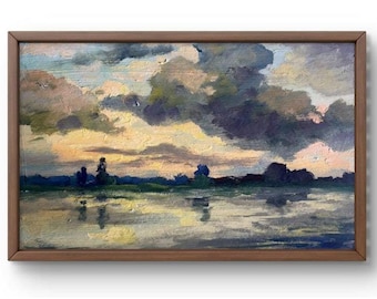 油絵風景オリジナル、穏やかな川の風景に映る雲が印象的な空の油絵
