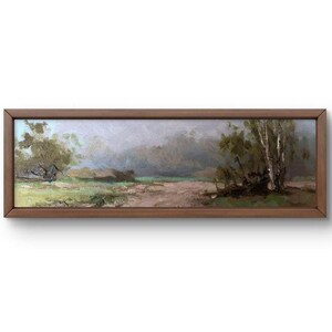Pintura a óleo paisagem original, pintura a óleo sobre papelão, cena de neblina com tons verdes suaves e árvores, arte feita à mão, sem moldura, arte de parede