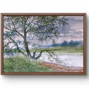 Dipinto ad acquerello paesaggio originale, dipinto ad acquerello su carta, riva del fiume con un albero pendente sull'acqua, arte fatta a mano, senza cornice