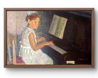 Oil painting portrait original, oil painting on cardboard, young girl in a white dress sitting at the piano, handmade art, unframed