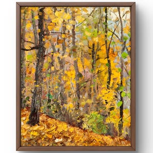 Pintura a óleo paisagem original, pintura a óleo sobre papelão, floresta de outono brilhante com folhas douradas e árvores altas, arte feita à mão, emoldurada